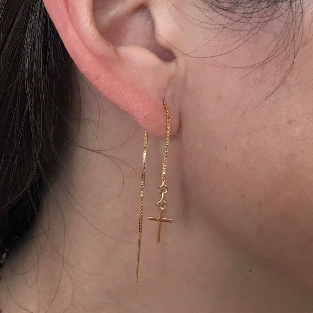 Mini Cross Threader Chain Earrings - Gold Fill - Picture 4 of 4